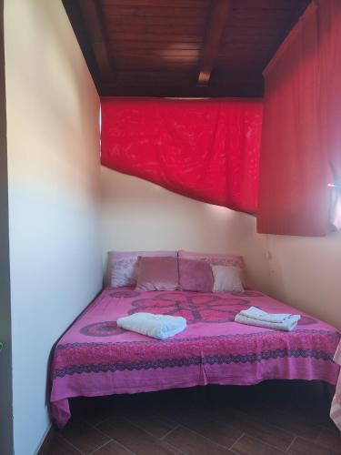 a bedroom with a bed with purple sheets and red curtains at Magnolia House in Taurianova