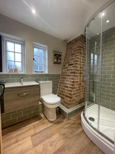 uma casa de banho com um WC, um lavatório e um chuveiro em Historic Cambridgeshire Cottage em Godmanchester