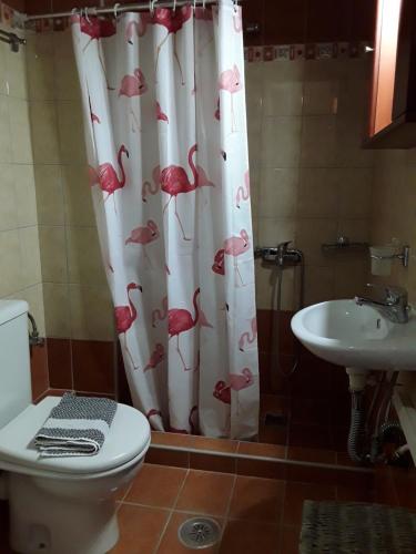 a bathroom with a shower curtain with a toilet and a sink at G3 sea view appartment in Igoumenitsa