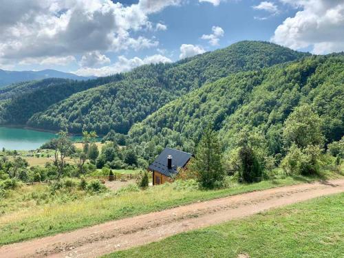 ein kleines Haus auf einem Hügel neben einem See in der Unterkunft Vila Bella, Tara, Zaovinsko jezero in Zaovine