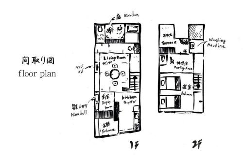 a drawing of a floor plan of a house at TSUDOYA 天王寺 in Osaka