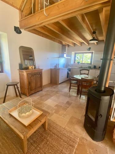 a living room with a wood stove in a room at La Grangette de Paunac in Cazillac