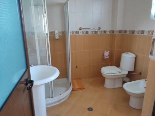 ein Bad mit einer Dusche, einem WC und einem Waschbecken in der Unterkunft La villa al mare in Durrës