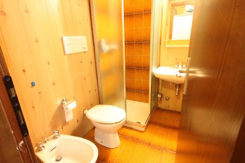 La salle de bains est pourvue de toilettes et d'un lavabo. dans l'établissement Appartamenti Roulette Montana Marilleva 900, à Mezzana