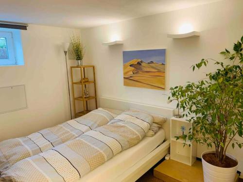 een slaapkamer met een bed met kussens erop bij Schöne Lage in Mainhausen in Mainhausen