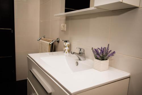 um lavatório branco com um vaso de flores em Apartman Villa Vita em Capljina