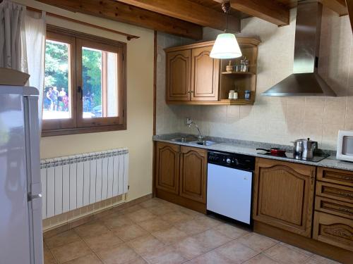 a kitchen with wooden cabinets and a white dishwasher at Casa Valentí in Taüll