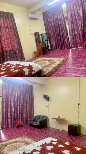 two pictures of a bedroom with purple curtains and a bed at Tina Homestay Budget in Ketereh