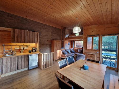 Il dispose d'une cuisine et d'un salon avec un plafond en bois. dans l'établissement Joli Chalet*** pied des pistes à Pyrénées 2000, à Bolquère-Pyrénées 2000