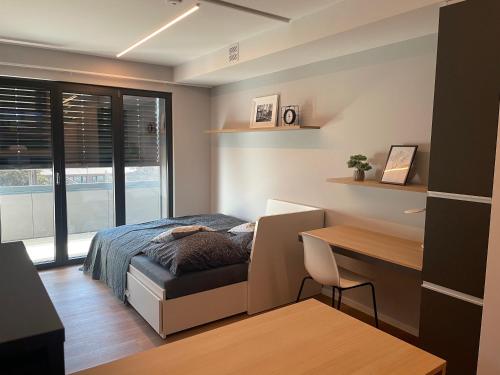een slaapkamer met een bed, een bureau en een raam bij Wohnung in Vilshofen in Vilshofen an der Donau