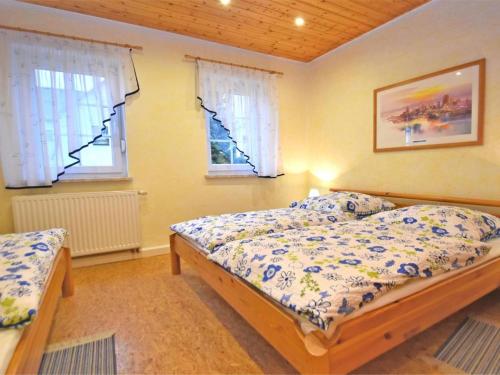 a bedroom with a bed and two windows at Ferienwohnung RiPa Erzgebirge in Schwarzenberg in Schwarzenberg