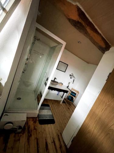 a view of a bathroom with a shower at Fachwerkhaus in Alfhausen in Alfhausen