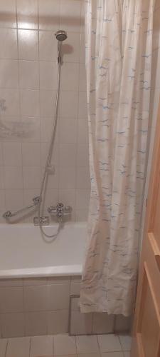 baño con ducha con cortina blanca en Gasthof Mühlegger, en Wildsteig