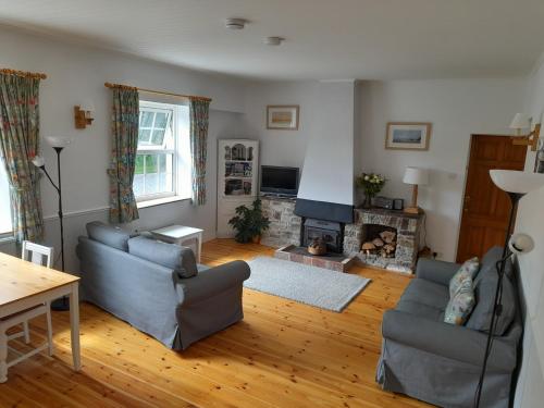 a living room with a couch and a fireplace at North Headborough in Haverfordwest