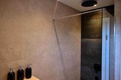 Vacation house Rubi في دوبروفنيك: حمام مع دش مع ثلاث زجاجات على كونتر