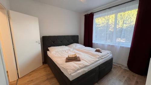 a bed in a room with a large window at Air-conditioned 2 room Apartment, with terrace, Rovinka, 202 in Rovinka