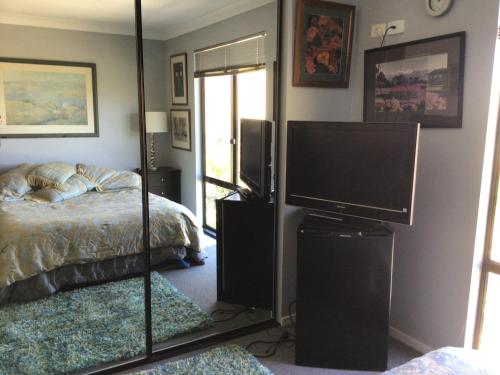 a bedroom with a mirror and a bed and a television at Art House in Huonville