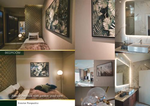 un collage de fotos de una habitación con cama y baño en THE NINE THASALA en Chiang Mai