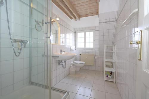 a bathroom with a shower and a sink and a toilet at Syltnest-Munkmarsch in Munkmarsch