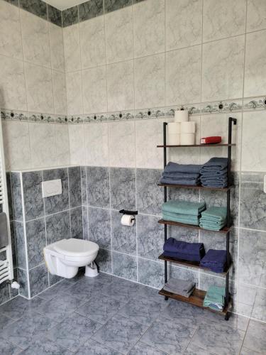 a bathroom with a toilet and towels in it at Eulennest bis 10 Personen,Wäsche,Reinigung,Parkplatz inklusive,Kurtaxe wird extra berechnet in Altenau