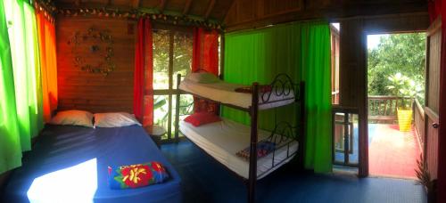 a bedroom with two bunk beds in a green room at Miradores Del Oso Perezoso in Minca
