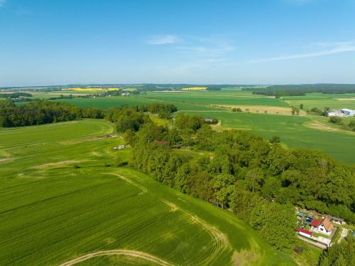 an aerial view of a green field with trees at srub slovenice in Dolní Slověnice