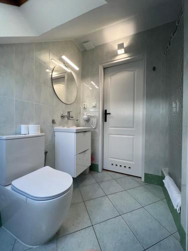 a white bathroom with a toilet and a sink at Garden Villa in Busko-Zdrój