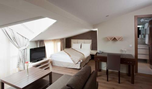 um quarto com uma cama e uma secretária com uma televisão em Derpa Hotel em Istambul