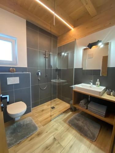 a bathroom with a shower and a toilet and a sink at Apart Montis in See
