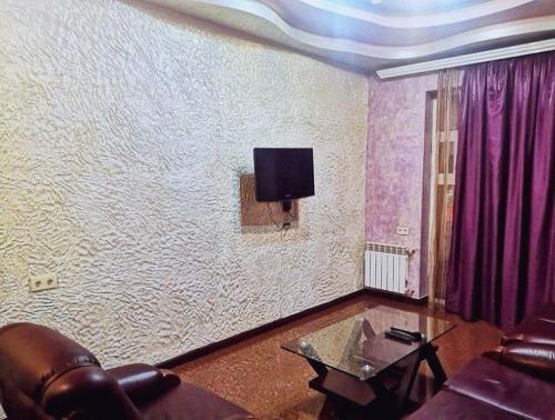 SPACIOUS apt in Yerevan,Centre في يريفان: غرفة معيشة مع أريكة وتلفزيون على الحائط