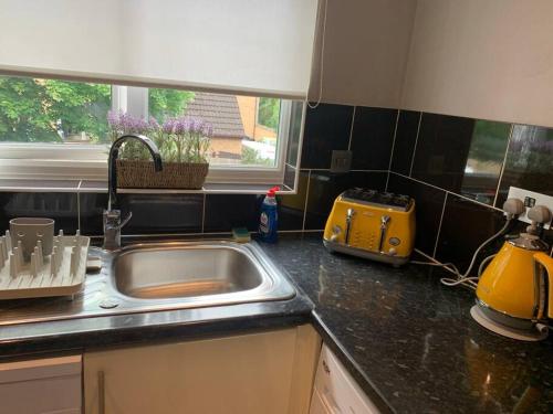 a kitchen counter with a sink and a window at Cosy one bed flat free parking in Send