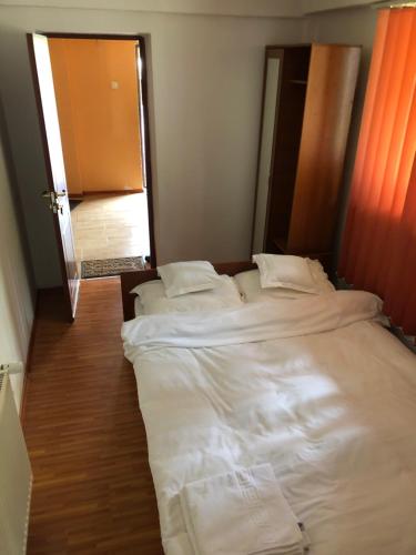 two beds in a room with an open door at Casa de vacanta trei brazi in Ranca
