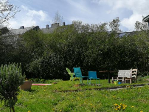 trzy krzesła siedzące w trawie na podwórku w obiekcie Chambre cosy w mieście Saint-Nicolas