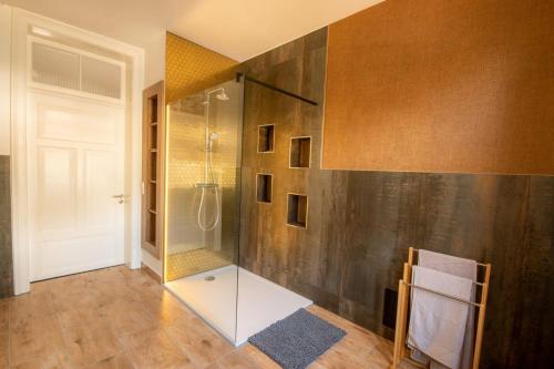 a bathroom with a shower with a glass door at Villa Waldlust - 5 Sterne - 2 Schlafzimmer in Oybin