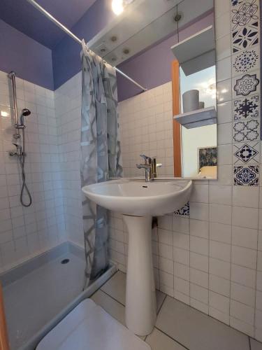 une salle de bain avec un lavabo, un miroir et une douche dans l'établissement Appartement en Rez-de-jardin, à Autrans
