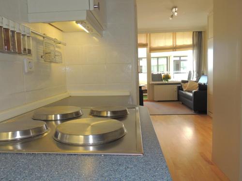 een keuken met vier metalen platen op een fornuis bij Haus-am-Meer-App-56 in Westerland