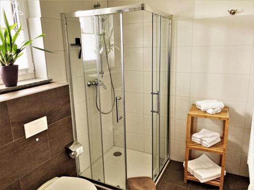 y baño con ducha, aseo y toallas. en Sonnenschein en Gunzenhausen