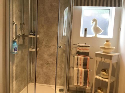 a bathroom with a shower with a glass door at The Fields in Worcester