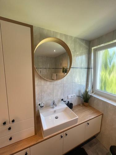 a bathroom with a sink and a mirror at xiApartment in Höchst