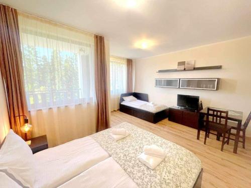 ボロヴェッツにあるАрборо Боровец Гардънс Д35のベッドと机が備わった寝室があるホテルの部屋