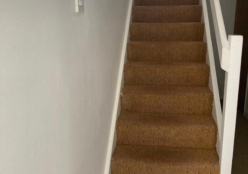 a staircase with brown carpeting and a white wall at Kilaturley house apartment in Swinford