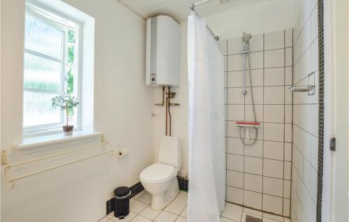 La salle de bains est pourvue de toilettes, d'une douche et d'une fenêtre. dans l'établissement Beautiful Home In Grevinge With Kitchen, à Grevinge