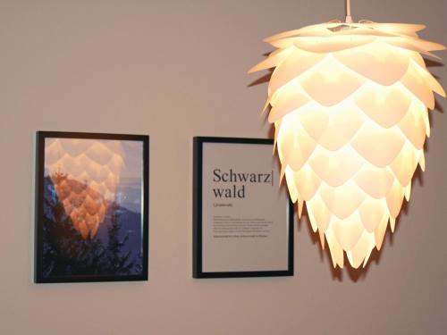 three framed pictures on a wall with a chandelier at FeWo schwarzwaldschick Feldberg I wandern & biken ab Haustür I Whirlpool & Wlan & Balkon & Tiefgarage in Feldberg