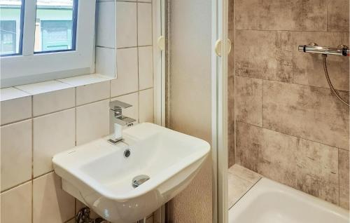 ein Badezimmer mit einem weißen Waschbecken und einer Dusche in der Unterkunft Ferienhaus Am Trieberweg S in Falkenstein
