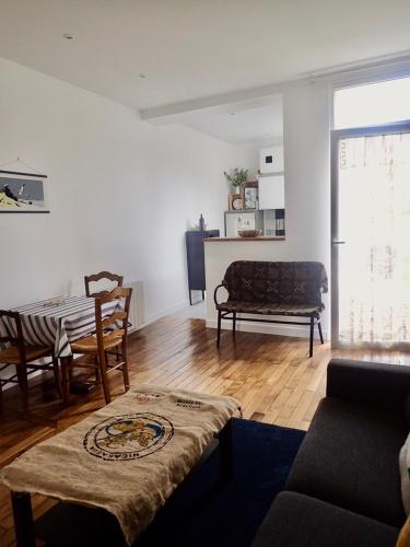 un salon avec un canapé et une table dans l'établissement Appartement tempéré avec terrasse, à Tours