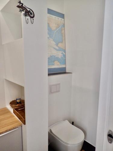 une salle de bain avec toilettes et un tableau au mur dans l'établissement Appartement tempéré avec terrasse, à Tours