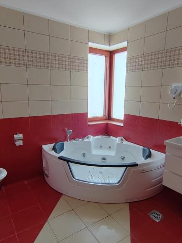a bath tub in a bathroom with a window at Hedonic Wellness Apartmani in Niš