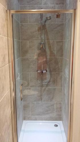a shower with a glass door in a bathroom at The Railway Inn Westerfield in Ipswich