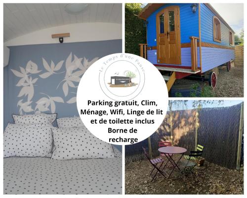 een collage van foto's van een tiny house en een bed bij Roulotte jusqu'à 2 personnes Le Temps d une Pause en face du Beaujolais - Climatisation et Borne recharge véhicule électrique in Montmerle Sur Saône