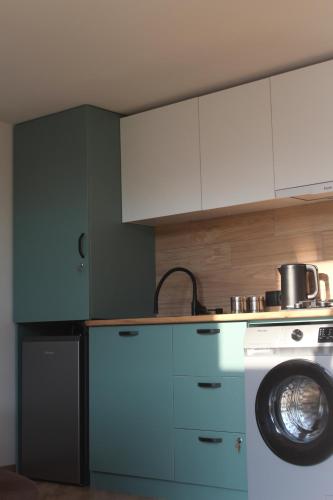 卡茲別吉的住宿－Cottage Milo Kazbegi，厨房配有蓝色橱柜和洗衣机。